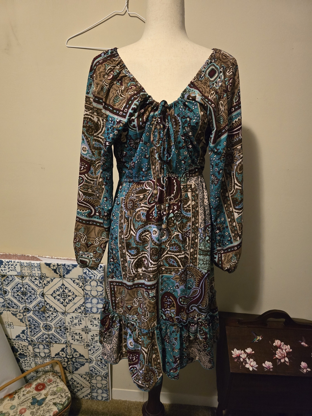 Bohemian Paisley Tie-Front Midi Dress in Teal and Brown Sz L